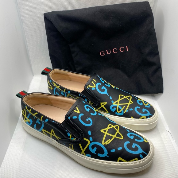 GUCCI Authentic Designer, Ghost Graffiti GG Logo Slip On Sneakers, Black (36) - Picture 3 of 12